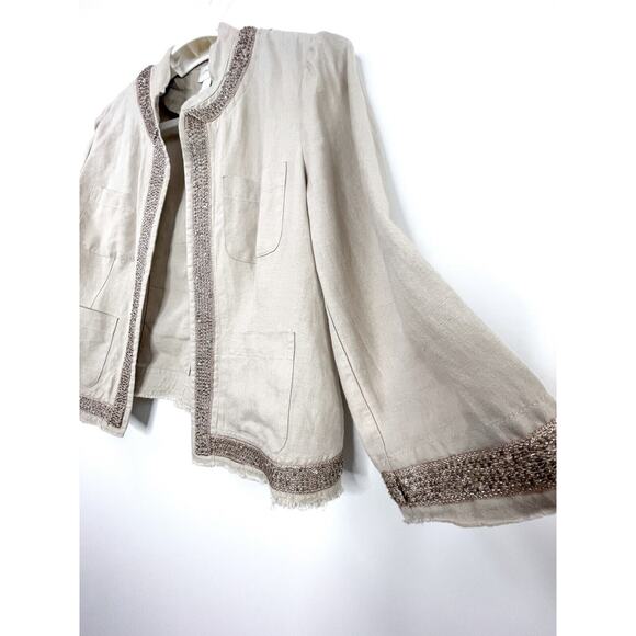 Chico’s Size 1 Women’s 8/M Linen Jacket Metallic Bead Trim Khaki Raw Hem - Picture 3 of 10